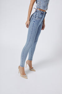 FAB2030-F2790 / Lace up high waisted jeans with crystal buttons