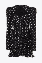 Load image into Gallery viewer, FAB2001-F2784 / Black polka dot taffeta ruched mini dress