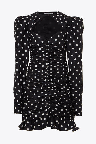 FAB2001-F2784 / Black polka dot taffeta ruched mini dress