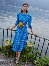 Load image into Gallery viewer, FAB2016-F2818 / Bluette polka dot pleated silk dress with crystal buttons