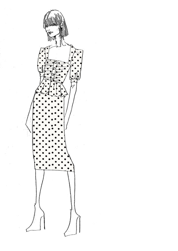 FAB2129-F2818 / White & black polka dot Crepe de Chine dress with peplum