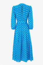 Load image into Gallery viewer, FAB2016-F2818 / Bluette polka dot pleated silk dress with crystal buttons