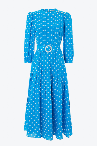 FAB2016-F2818 / Bluette polka dot pleated silk dress with crystal buttons
